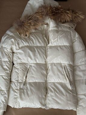 Bel Air Women's Cream Puffer Jacket with real Fur-Trim Hood